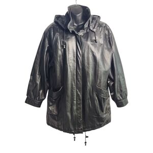 Jacqueline Ferrar Womens Black Leather Jacket Coat Removable Hood ZIP Up…